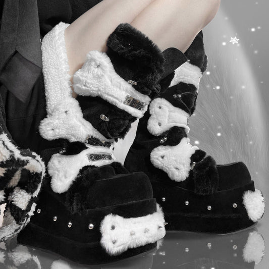 Y2K Rivet Fake Fur Platform Long Boots