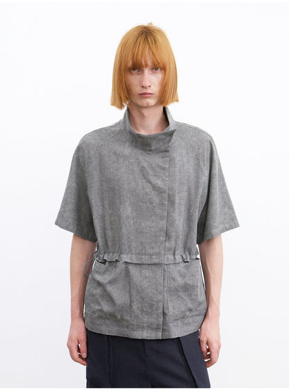 Shirt with a Slanted Collar and Fitted Waist