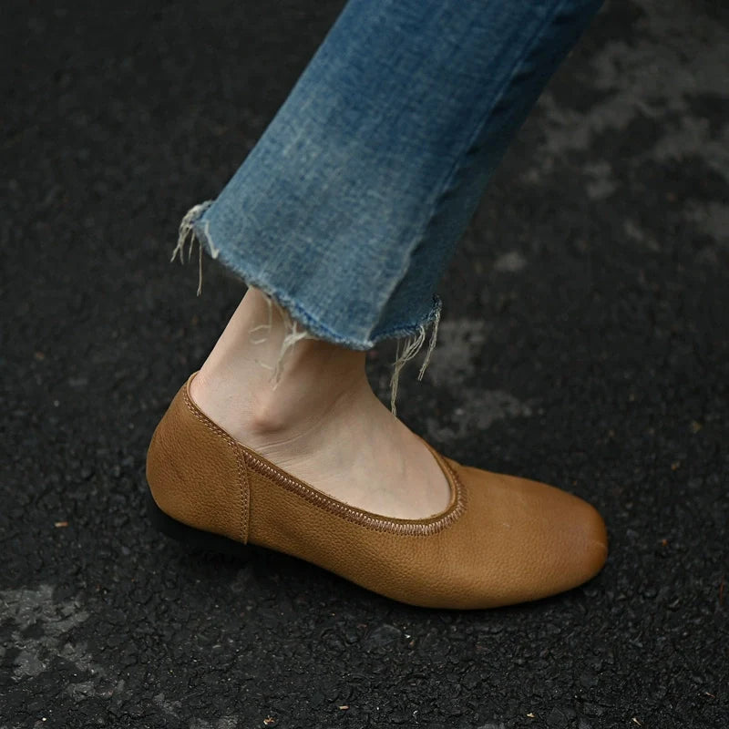 Brown Textured Leather Ballet Flat