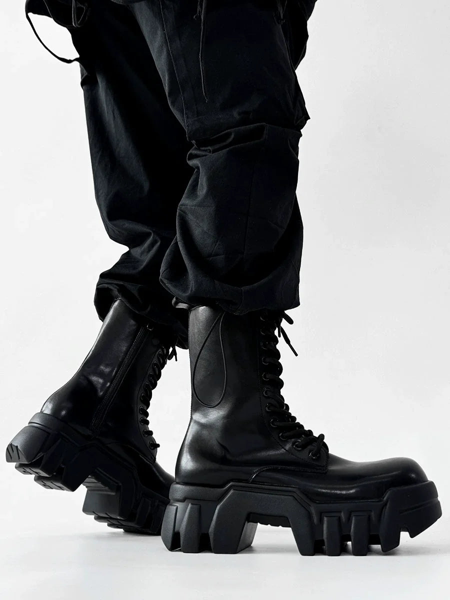 Chunky Sole High-Top Zipper Design Leather Boots