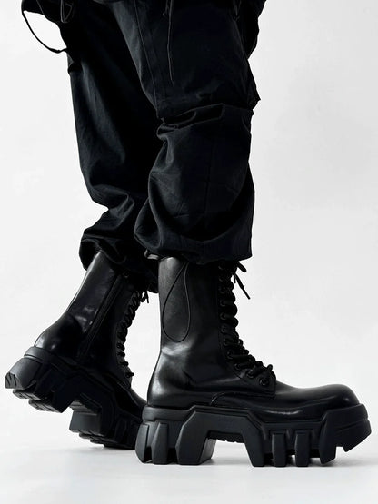 Chunky Sole High-Top Zipper Design Leather Boots