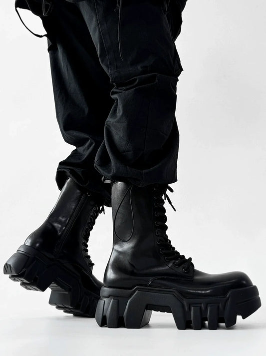 Chunky Sole High-Top Zipper Design Leather Boots