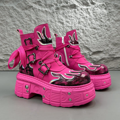 Flame Embroidery Strap Buckle Platform Short Boots