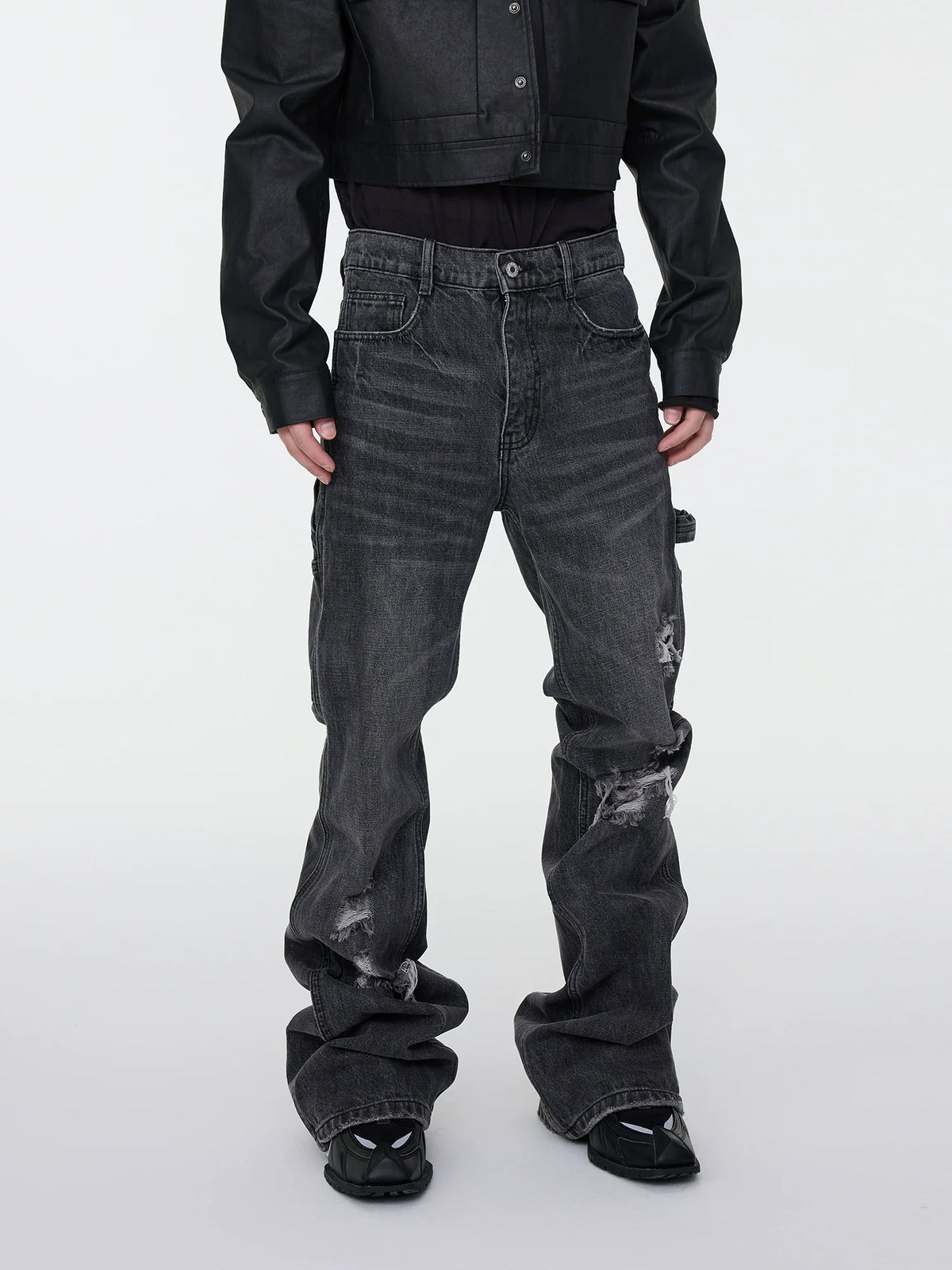 Whisker Rip Damage Stacked Flare Denim Jeans