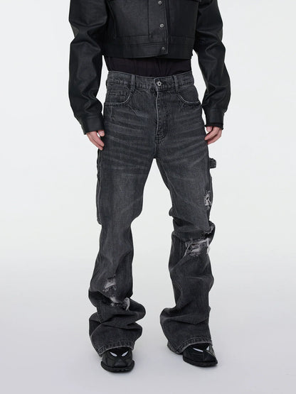 Whisker Rip Damage Stacked Flare Denim Jeans