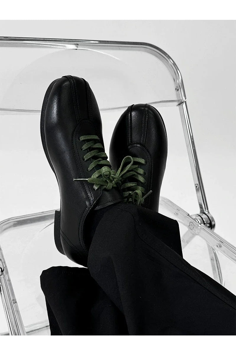 Black Split-Toe Derby Shoes with Green Laces