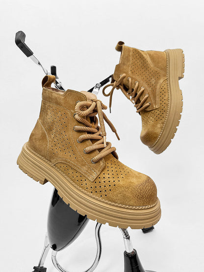 Suede Punching Lace Up Thick Sole Short Boots
