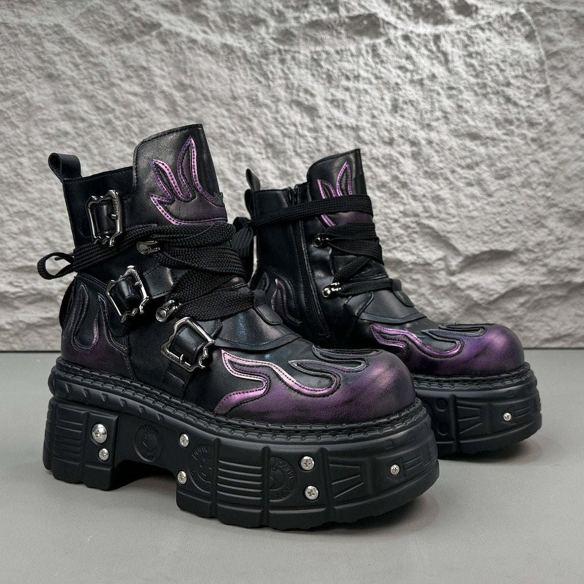 Flame Embroidery Strap Buckle Platform Short Boots