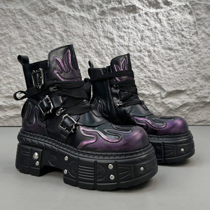 Flame Embroidery Strap Buckle Platform Short Boots