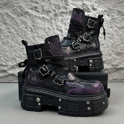 Flame Embroidery Strap Buckle Platform Short Boots