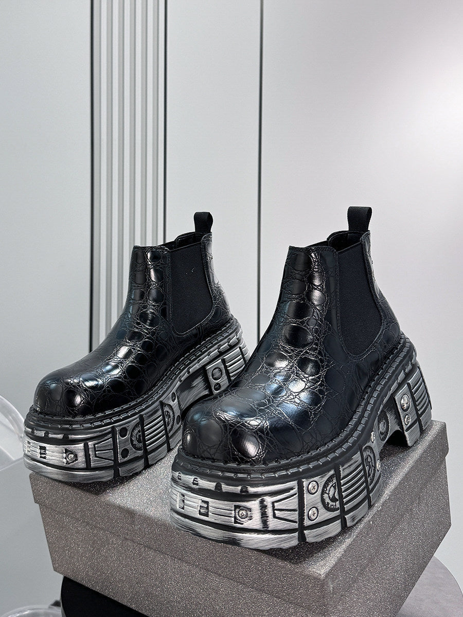 Croc Pattern Side Gore Platform Short Boots