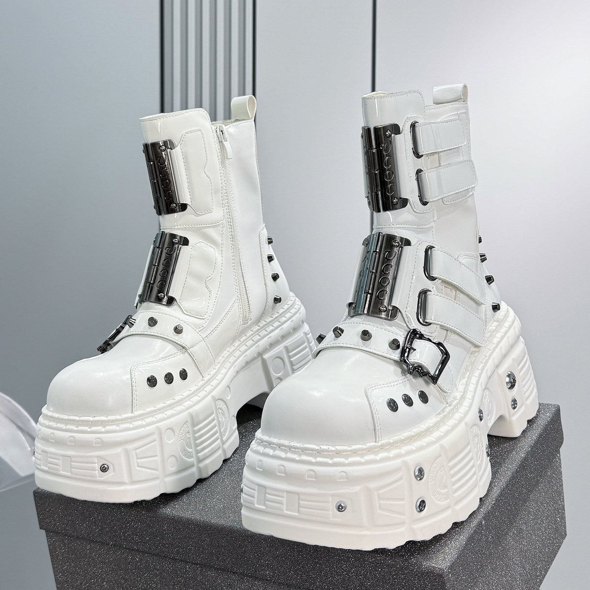 Patent Strap Buckle Studs Platform Short Boots