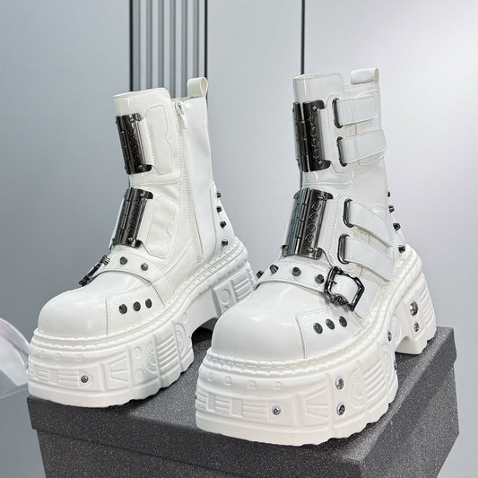 Patent Strap Buckle Studs Platform Short Boots