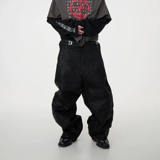 Waxed Coated Biker Armor Pleats Wide Leg Dragging Denim Jeans