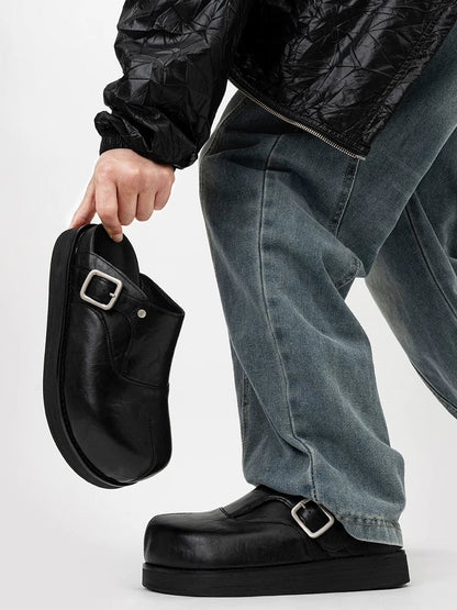 Onyx Buckle Platform Mules