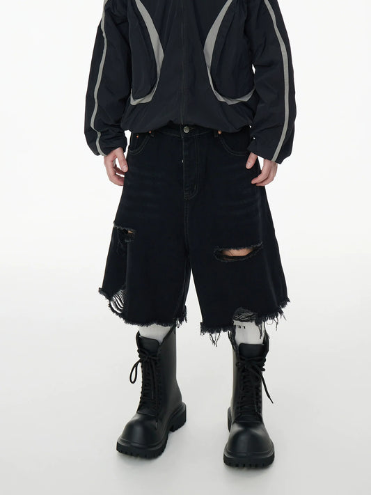 Washed Damage Fringe Wide Leg Three-Stripe Half Denim Jeans