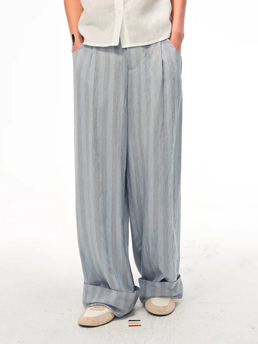 Striped Drawstring Flip-Up Casual Pants