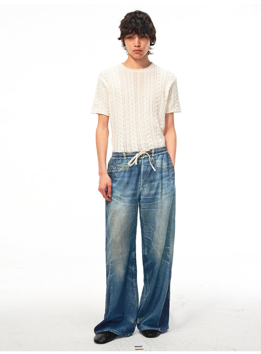 Digital Print Imitation Denim Linen Casual Pants