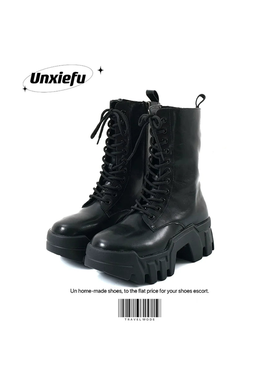 Round Toe Chunky Sole Tank Leather Martin Boots