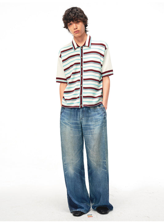 Breathable Striped Shirt with Gold Buttons