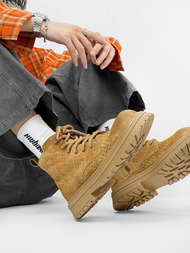 Suede Punching Lace Up Thick Sole Short Boots