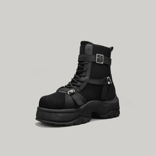 Platform High-Top Metal Buckle Lace-Up Boots