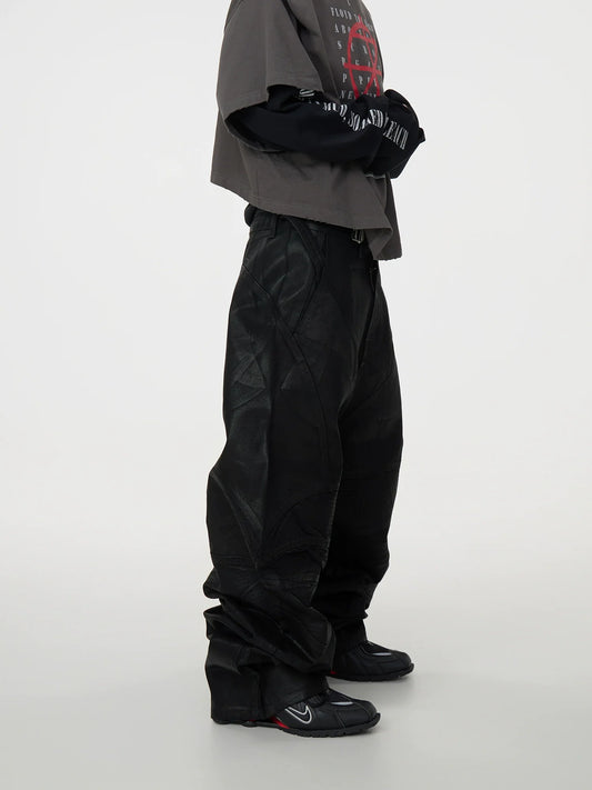 Waxed Coated Biker Armor Pleats Wide Leg Dragging Denim Jeans