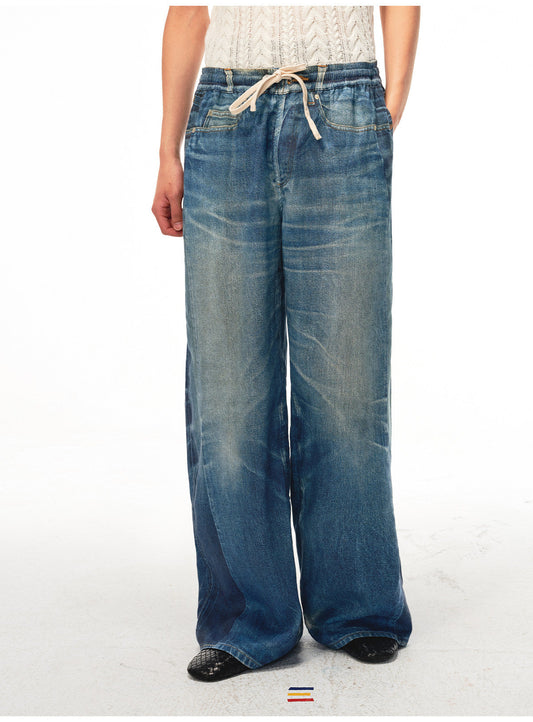Digital Print Imitation Denim Linen Casual Pants