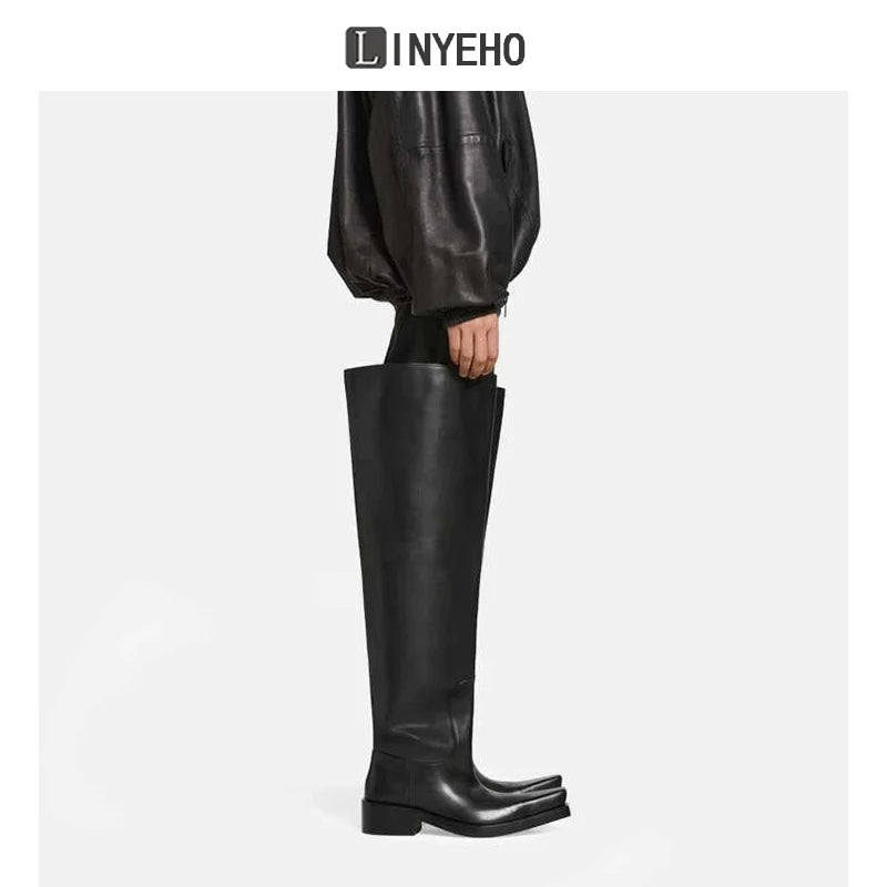 Over-the-Knee Chunky Sole Leather Riding Boots