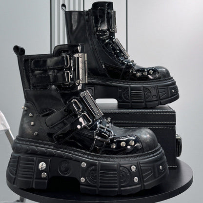 Patent Strap Buckle Studs Platform Short Boots