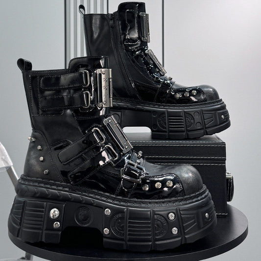 Patent Strap Buckle Studs Platform Short Boots