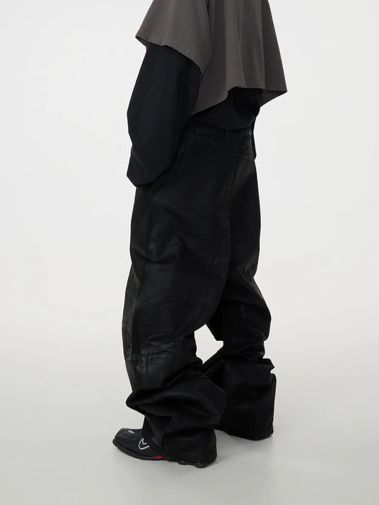 Waxed Coated Biker Armor Pleats Wide Leg Dragging Denim Jeans