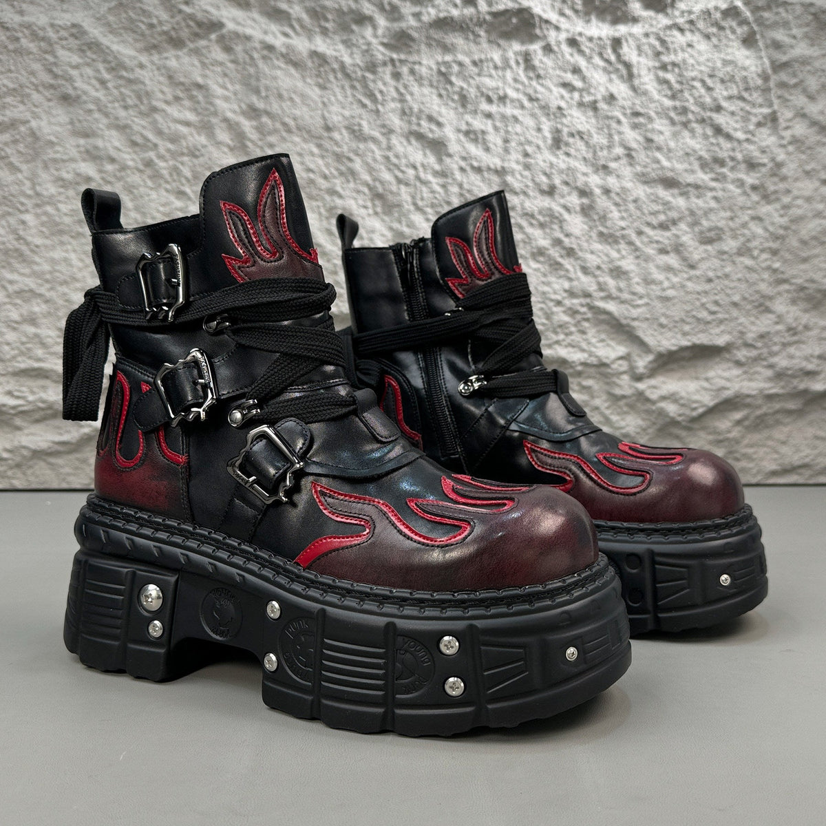 Flame Embroidery Strap Buckle Platform Short Boots