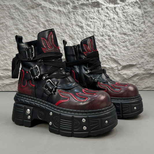 Flame Embroidery Strap Buckle Platform Short Boots