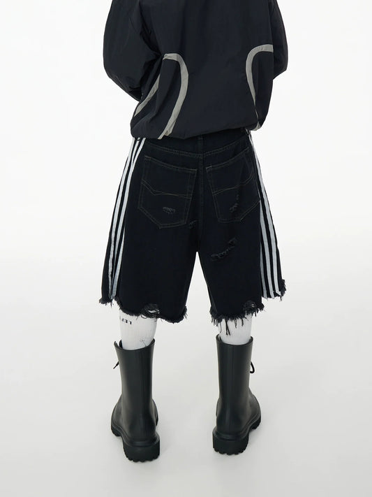 Washed Damage Fringe Wide Leg Three-Stripe Half Denim Jeans
