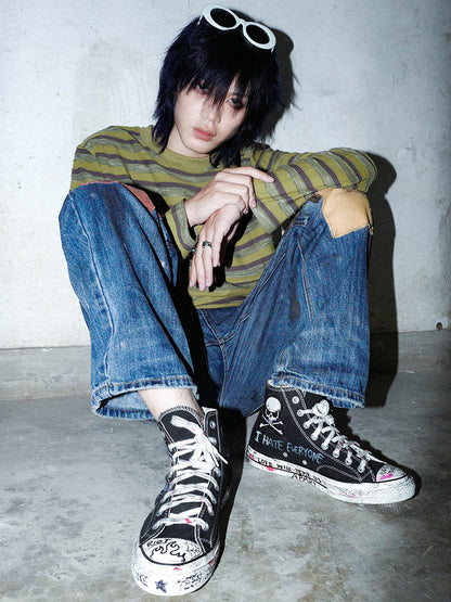 Hand-Drawn Washed High-Top Canvas Shoes