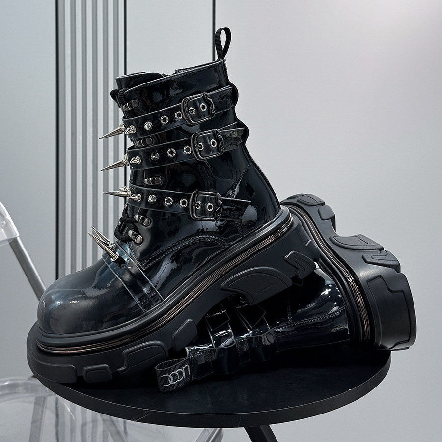 Patent Strap Buckle Spike Platform Boots