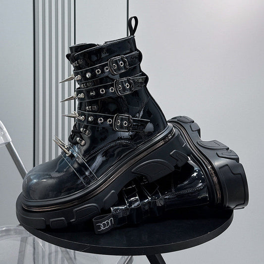 Patent Strap Buckle Spike Platform Boots