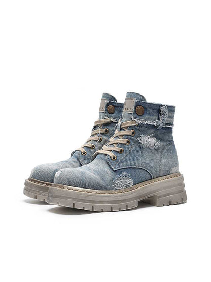 Denim Ripped Platform Boots with Ribbons