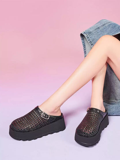 Woven Cut Out Platform Mules-Black