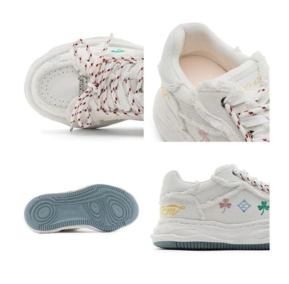 Distressed Embroidered Platform Sneakers
