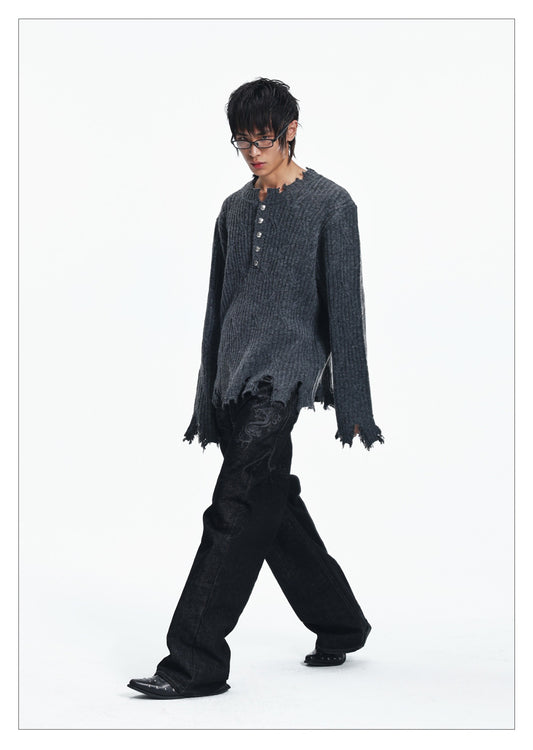Button-down Crewneck Sweater Loose-fit Top