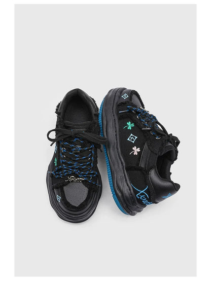 Distressed Embroidered Platform Sneakers