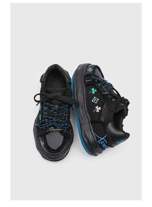 Distressed Embroidered Platform Sneakers