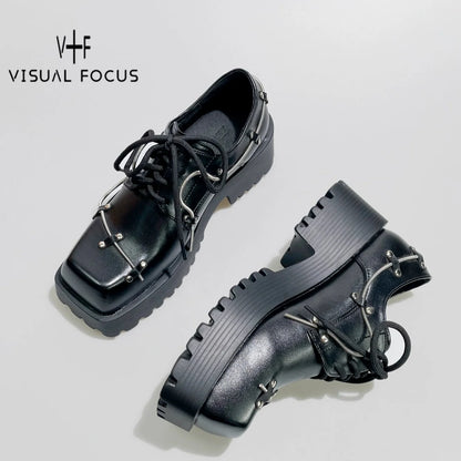 Square Toe Chunky Heel Leather Platform Derby Shoes