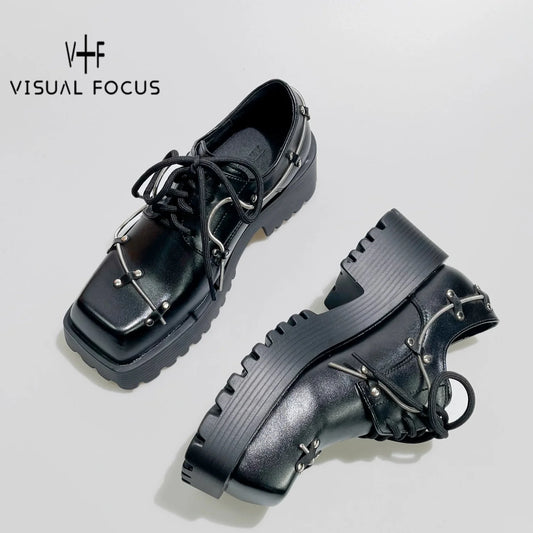 Square Toe Chunky Heel Leather Platform Derby Shoes