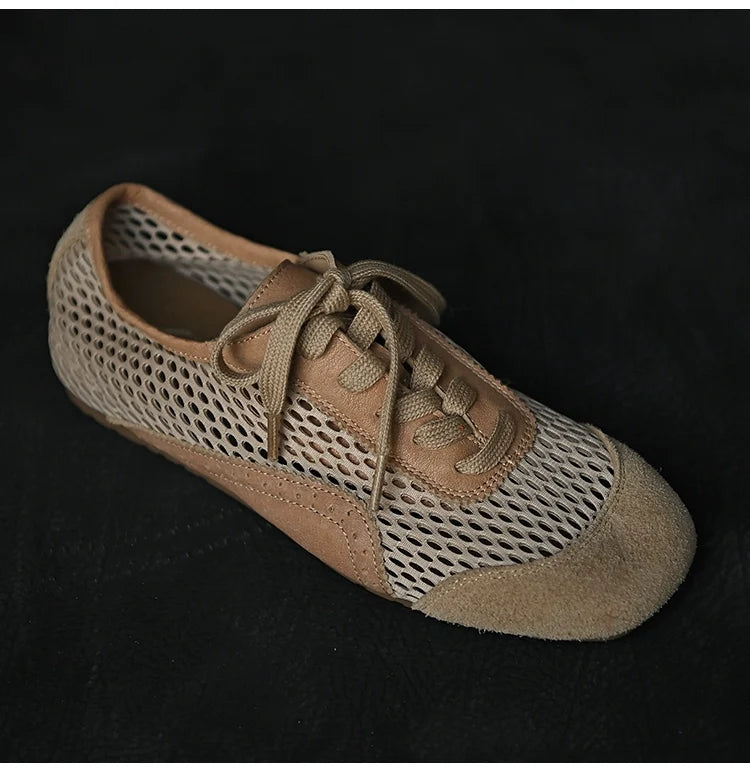 Beige Mesh Suede Lace-Up Sneakers