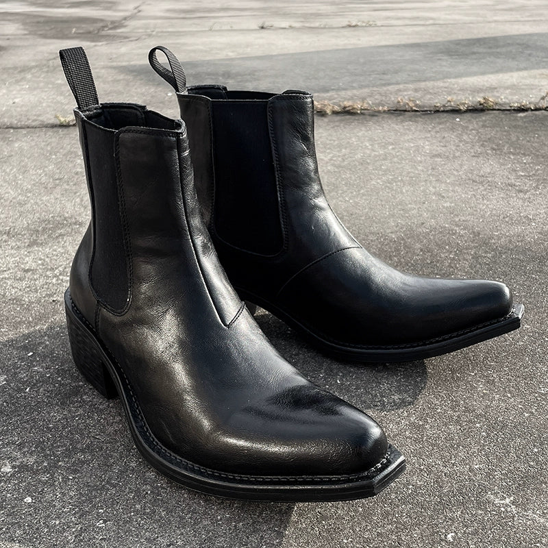 Pointed Toe Slip-On Mid-Calf Platform PU Leather Boots
