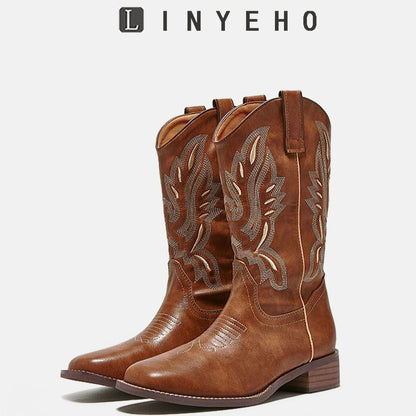 Embroidery Square-Toe Mid-Calf Boots
