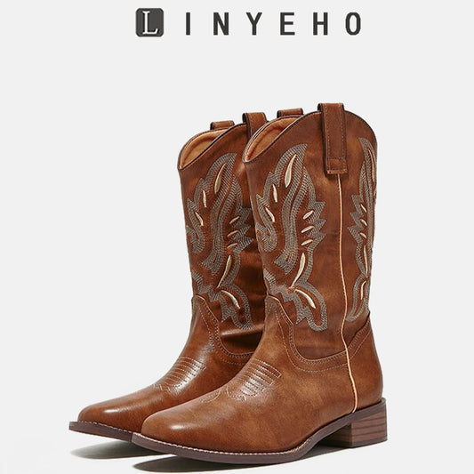 Embroidery Square-Toe Mid-Calf Boots